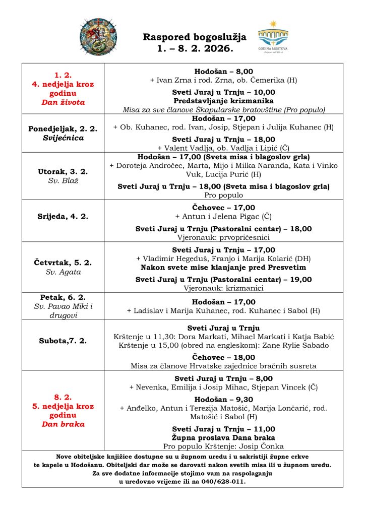 Raspored bogoslužja 1.-8.2.2026.