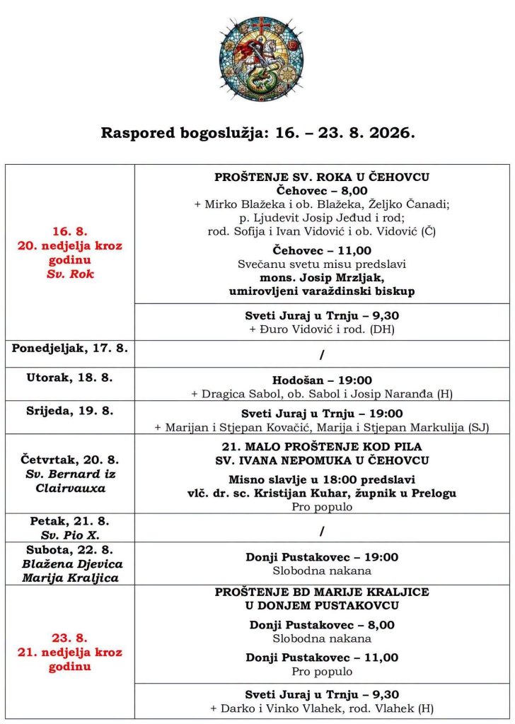 Raspored bogoslužja 16.8. - 23.8.2026.