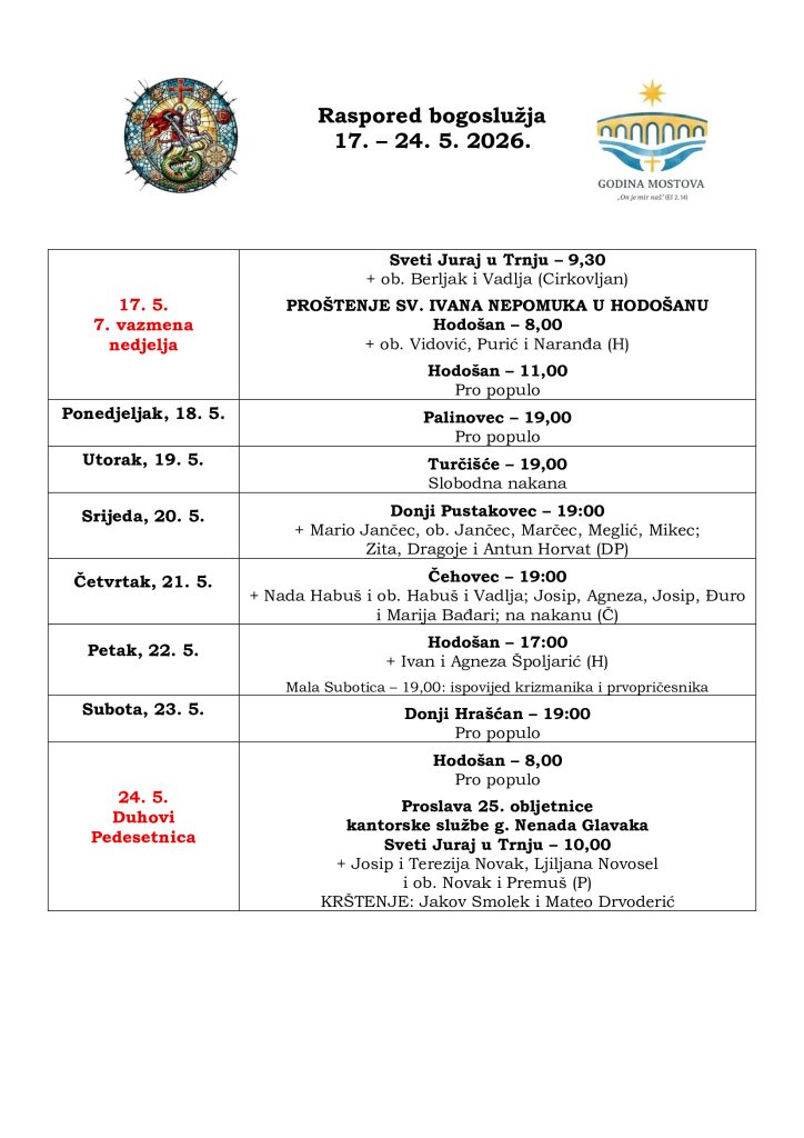 Raspored bogoslužja 17.-24.5.