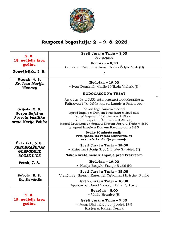 Raspored bogoslužja 2.8.-9.8.2026.
