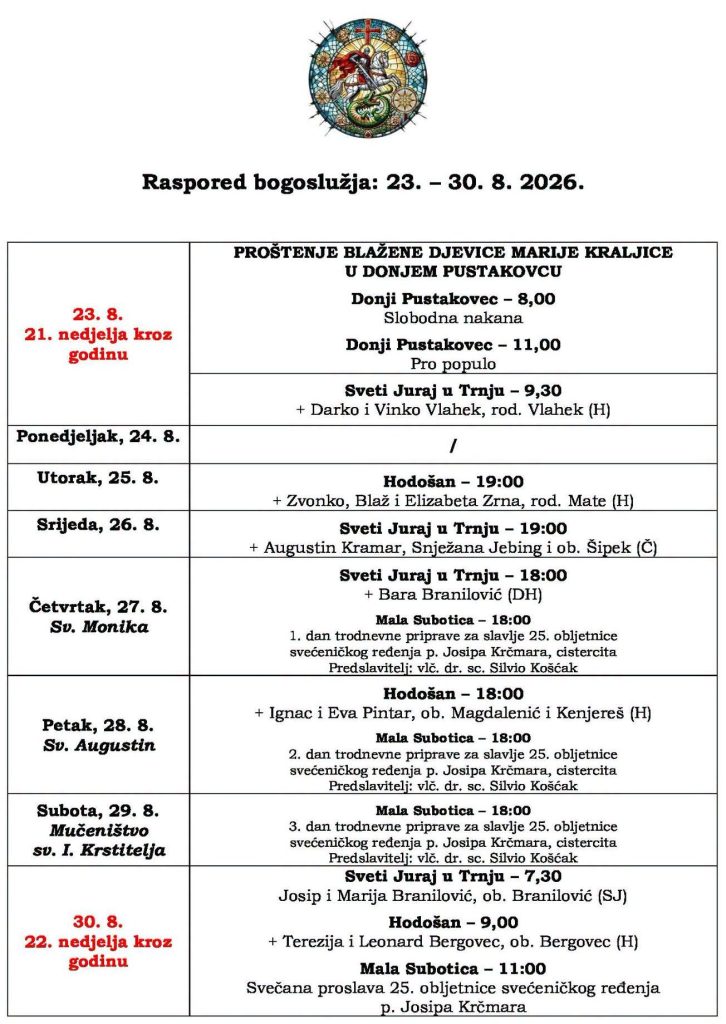 Raspored bogoslužja 23.8. - 30.8.2026.