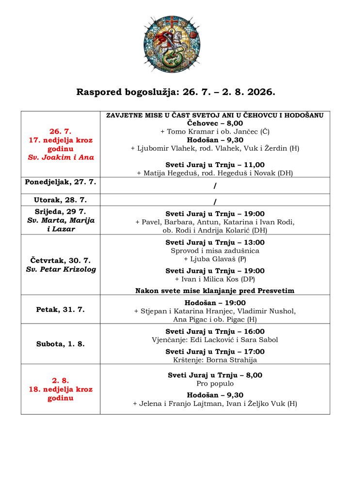 Raspored bogoslužja 26.7. - 2.8.2026.