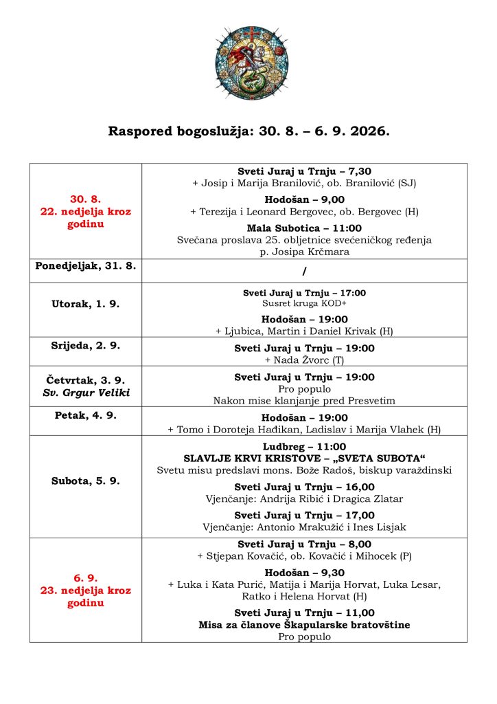 Raspored bogoslužja 30.8. - 6.9.2026.