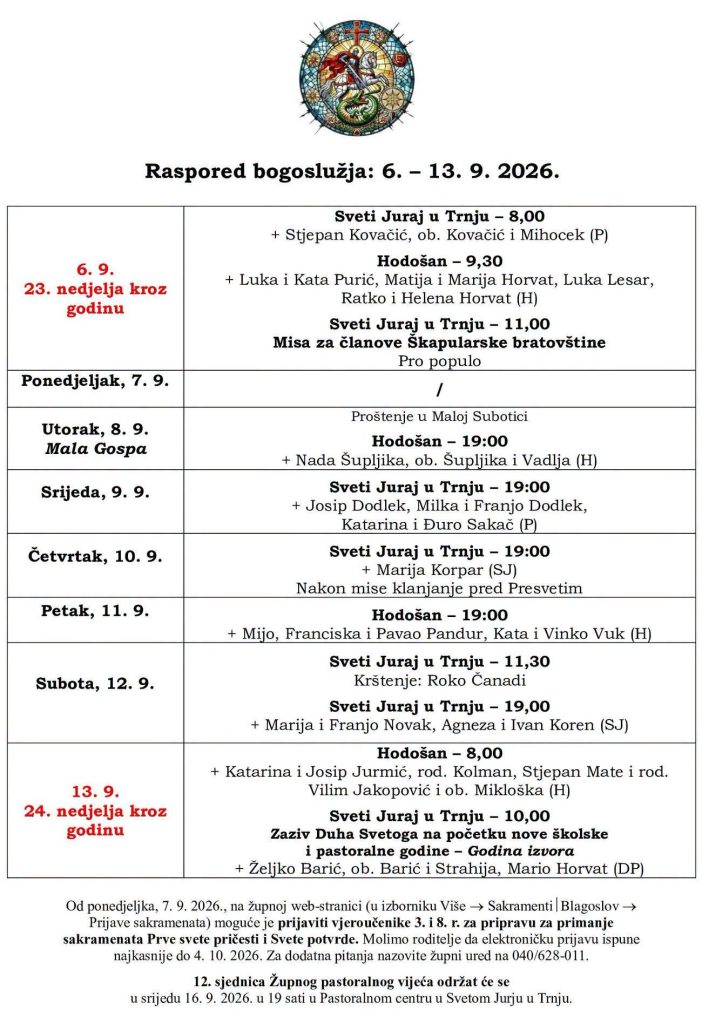 Raspored bogoslužja 6.9. - 13.9.2026.