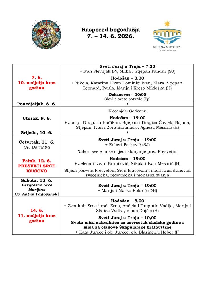Raspored bogoslužja 7.6.2026. - 14.6.2026.