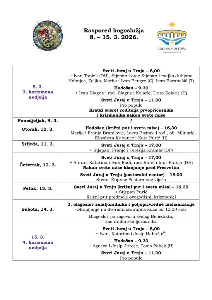 Raspored bogoslužja 8. - 15.3. 2026