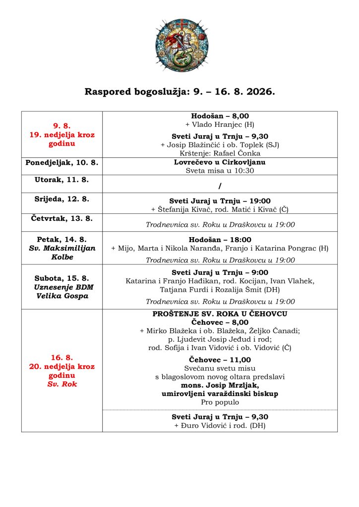 Raspored bogoslužja 9.8. - 16.8.2026.
